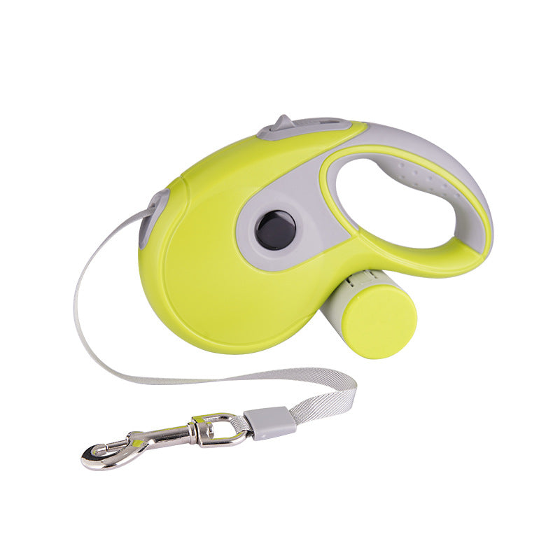 Dog walking on automatic retractable leash outdoors
