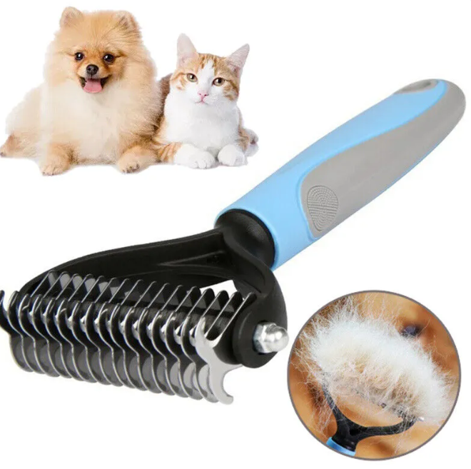 Dog being groomed with dual-sided deshedding brush