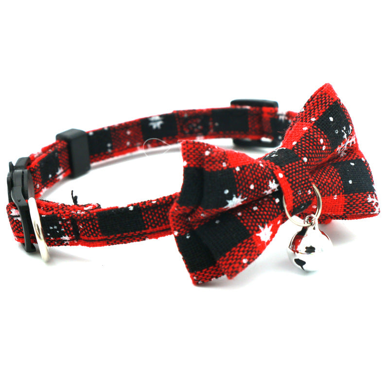 Red and black buffalo check Christmas cat collar with snowflake bow tie and bell