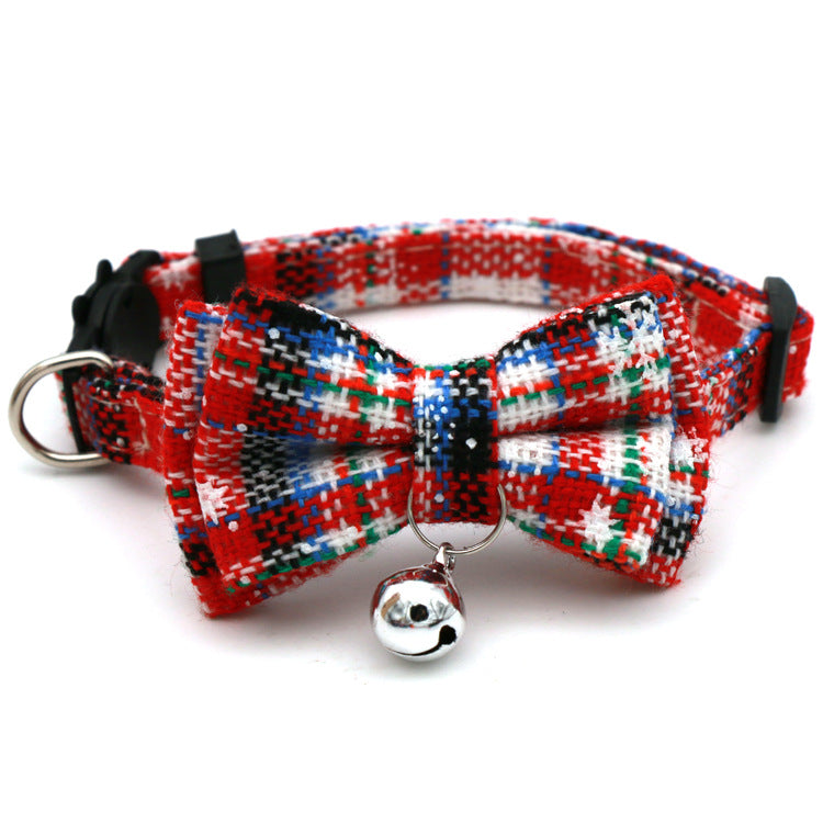 Red tartan Christmas cat collar with plaid bow tie, silver bell and metal ring
