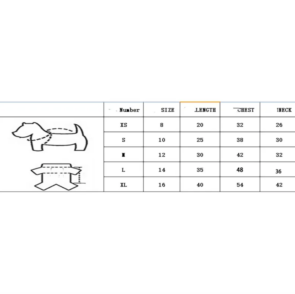 Size chart for the Santa Claus dog costume in centimetres, sizes XS to XL