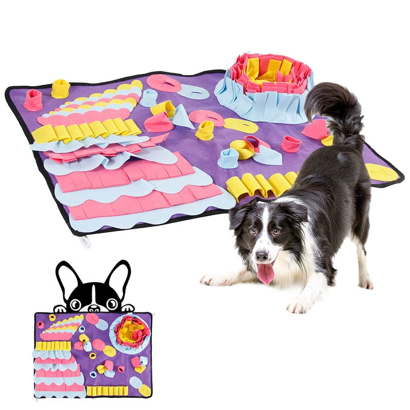 Dog engaged in mental stimulation with snuffle mat