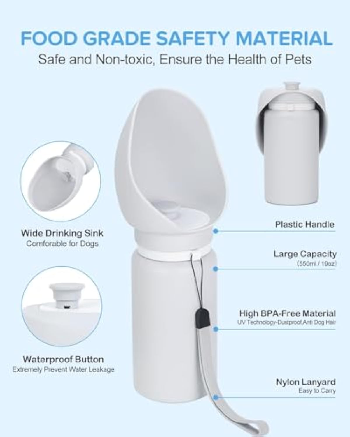 Portable dog water bottle features diagram: wide drinking sink, waterproof button, nylon lanyard and BPA-free material – TailoraStyle