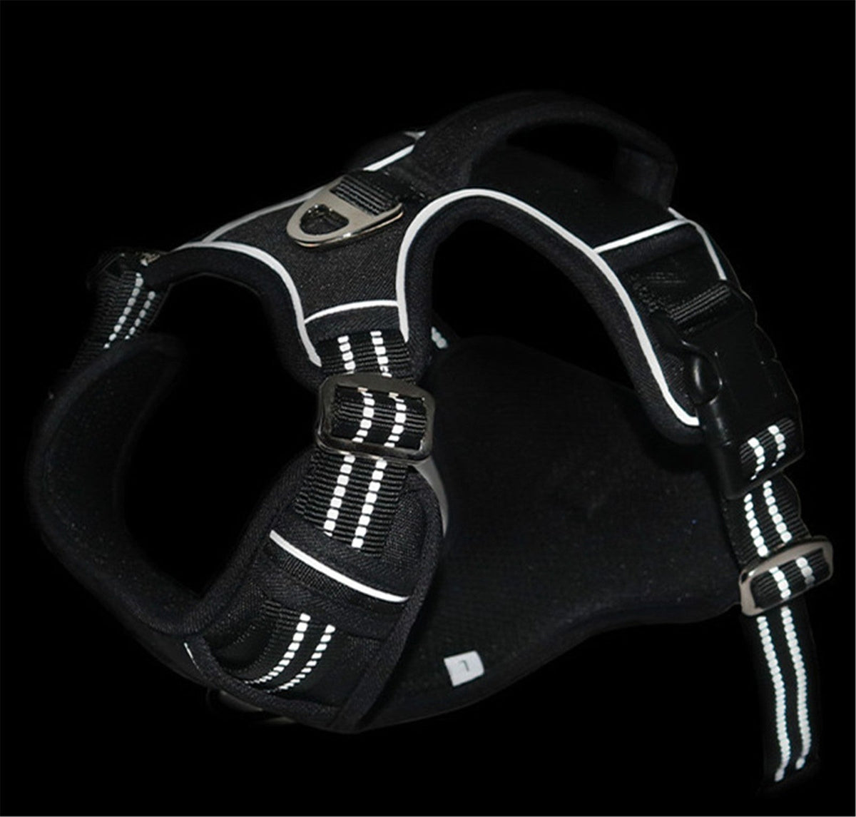 No-pull dog harness secure buckle and grab handle detail