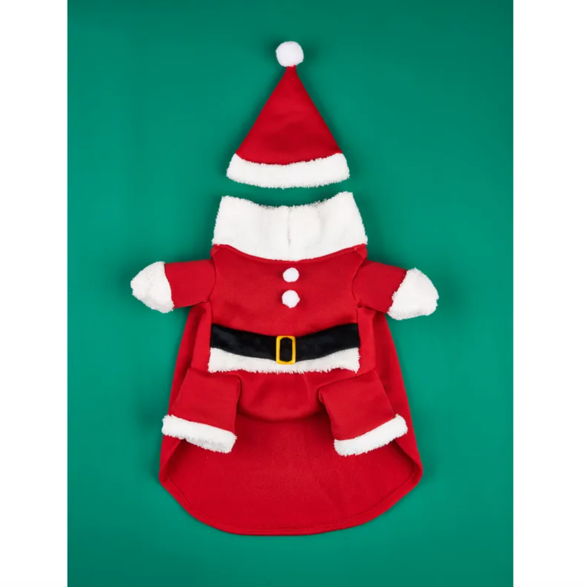 Santa Claus dog costume in red with white fluffy trim and gold belt buckle