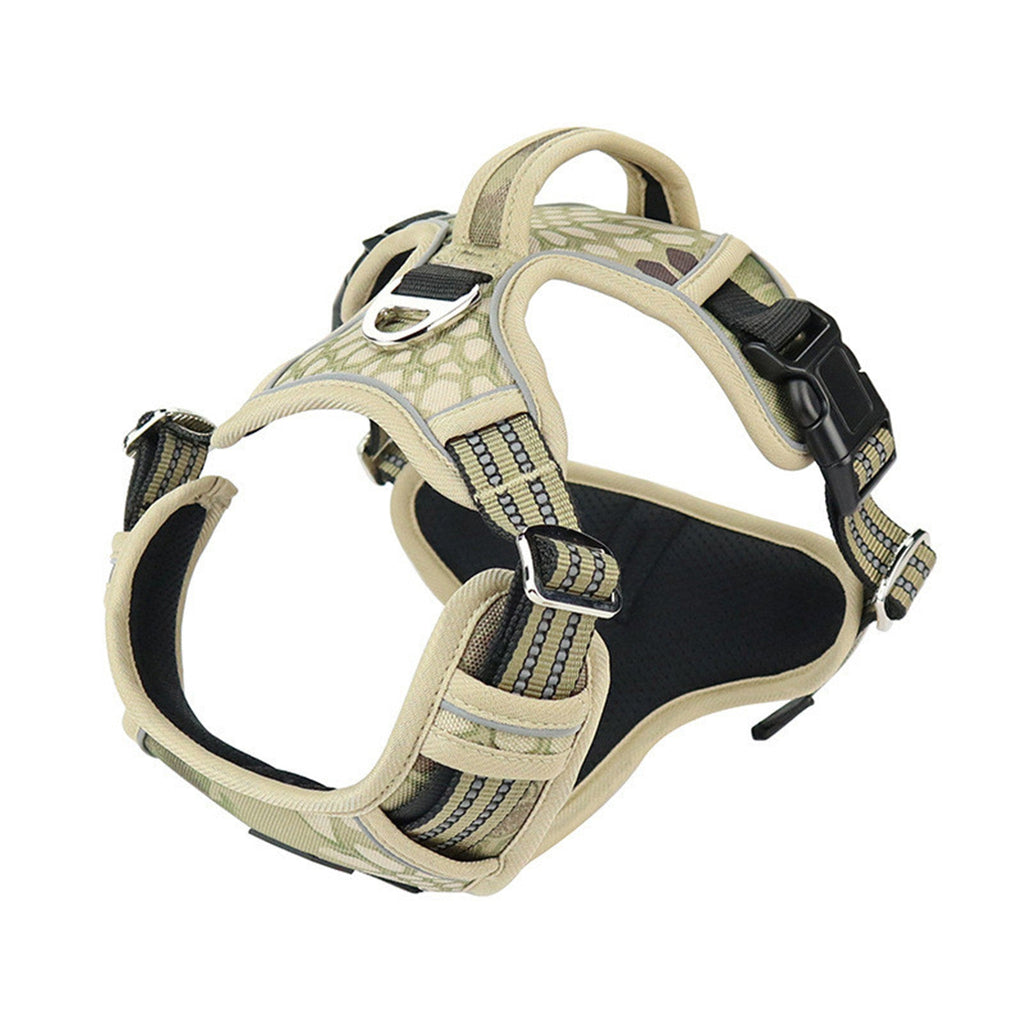 Dog harness back view showing handle and D-ring