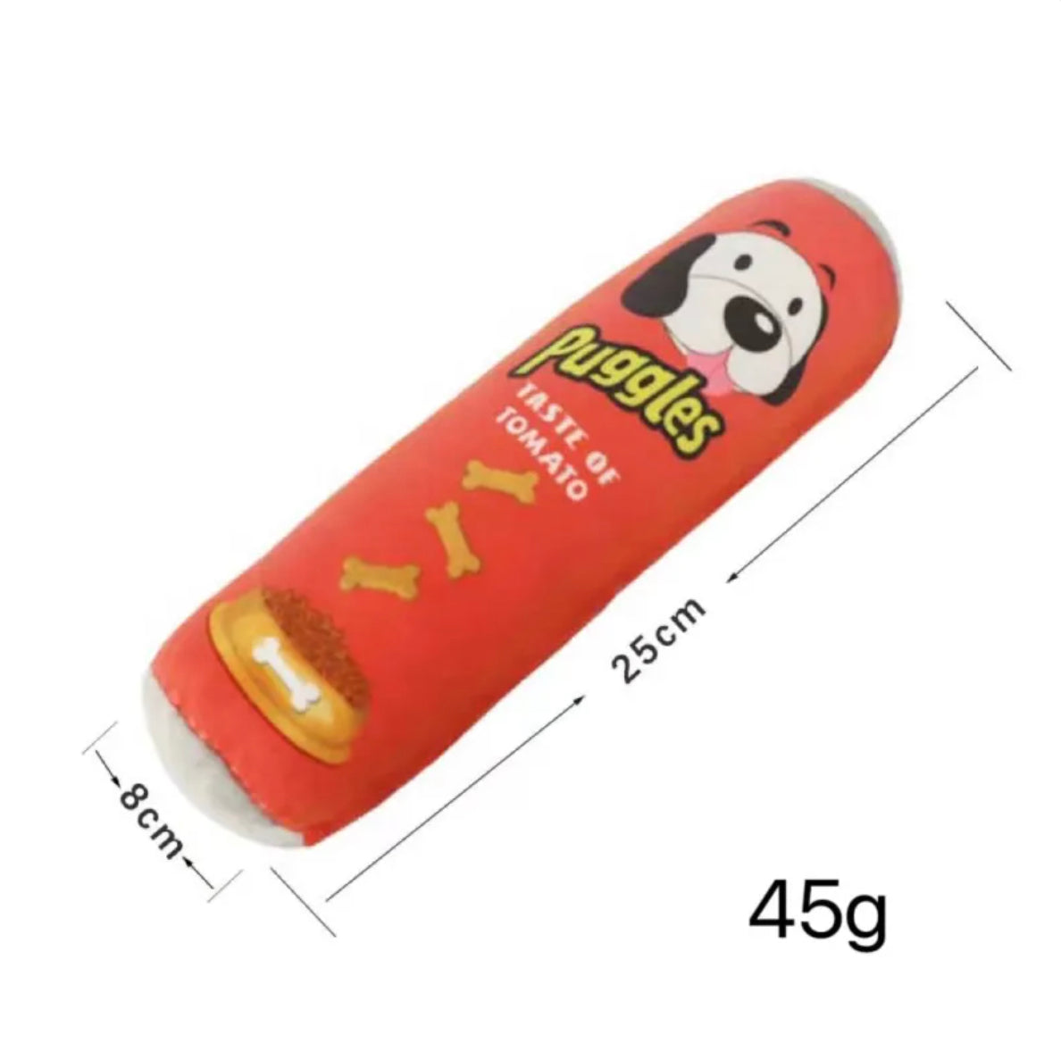 Plush dog toy in green, red and yellow colors