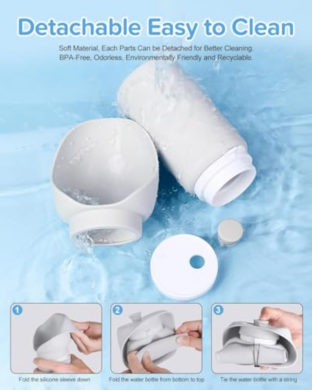 Detachable easy-clean silicone dog water bottle parts with three fold-and-tie steps – TailoraStyle