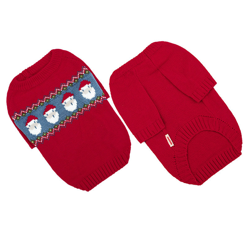 Red knitted Christmas jacquard sweater for puppies and cats with a Santa pattern band, front and back view
