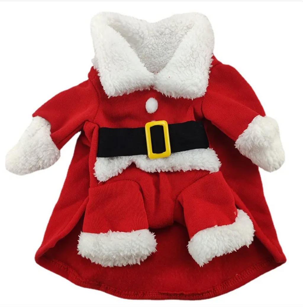 Red Santa Claus dog costume with white fur collar, black belt with gold buckle and fluffy white cuffs, laid flat
