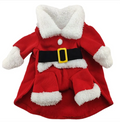 Red Santa Claus dog costume with white fur collar, black belt with gold buckle and fluffy white cuffs, laid flat