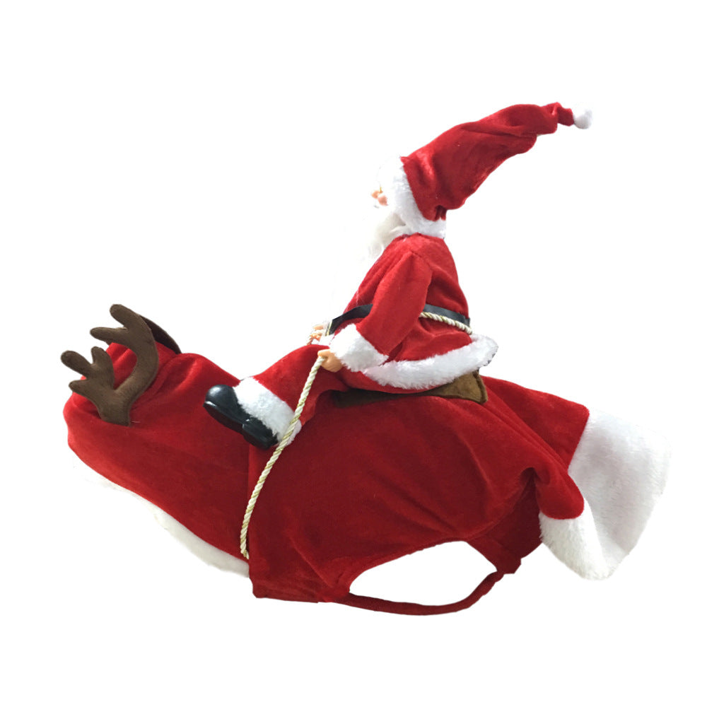Red Santa Riding Reindeer dog costume with plush Santa rider and rope reins, side view