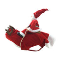 Red Santa Riding Reindeer dog costume with plush Santa rider and rope reins, side view