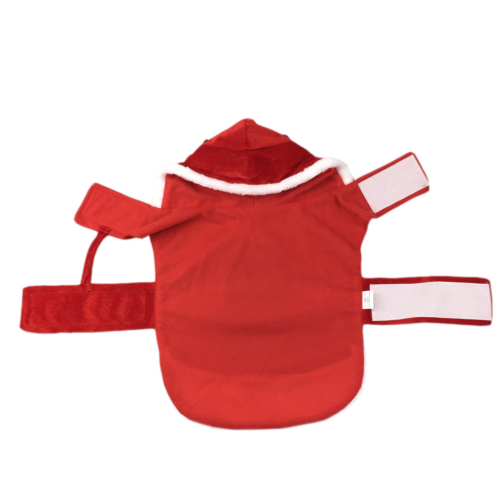 Red hooded dog Christmas coat with white trim and adjustable hook-and-loop straps, flat lay