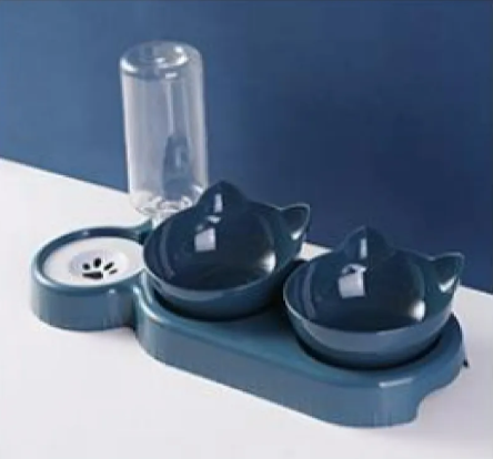 Anti-tip cat bowl feeder in dark blue and pink