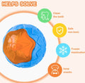 Round blue rubber dog toy ball with orange star centre and benefits infographic – TailoraStyle