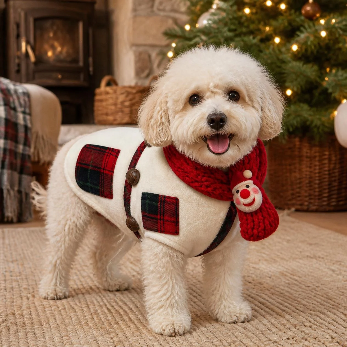 Bichon Frise dog wearing a white fleece Christmas vest coat with red plaid pockets and a red knitted Santa scarf by a Christmas tree