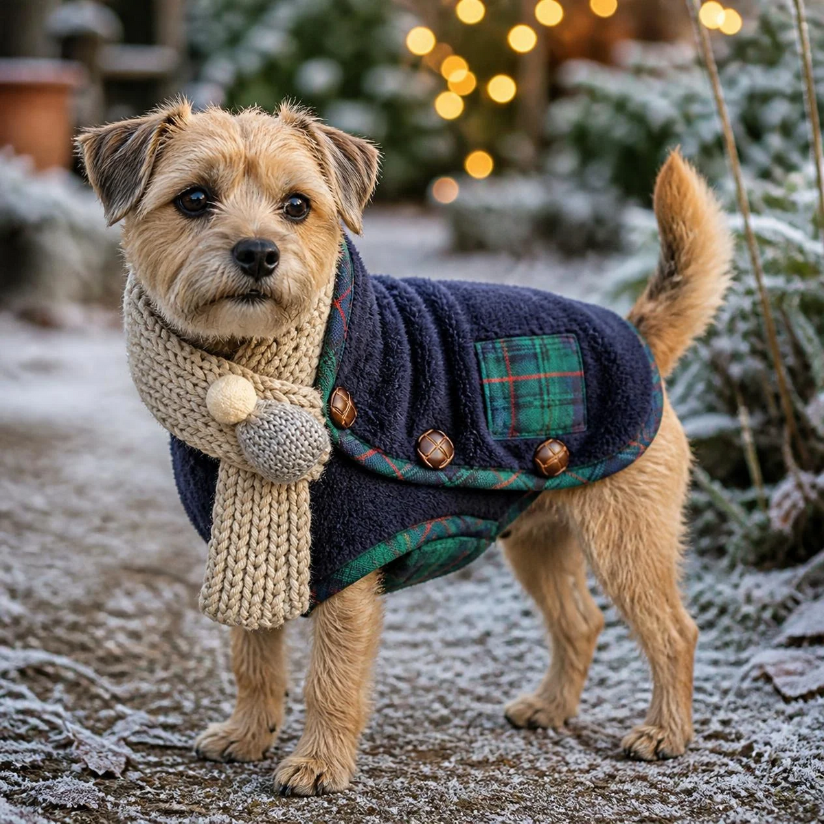 Border Terrier wearing a navy blue fleece Christmas vest coat with green plaid pockets and a beige knitted scarf on a frosty path