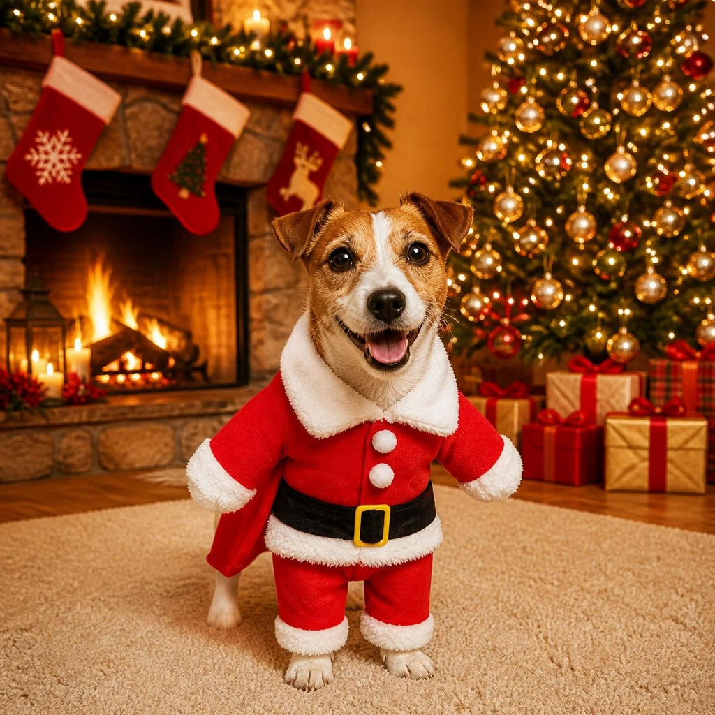 Jack Russell terrier wearing a red Santa Claus dog costume with white fur trim and black belt by a Christmas fireplace with stockings and tree