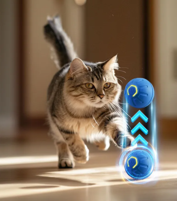 Dog playing with smart rolling toy ball indoors