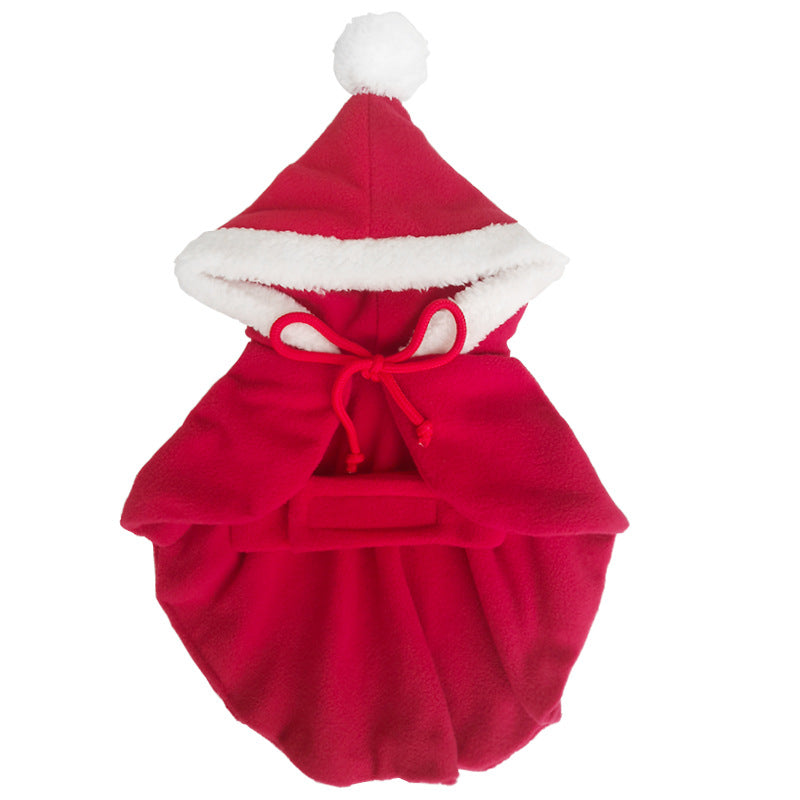 Red Santa-style hooded Christmas cloak with white trim for dogs and cats