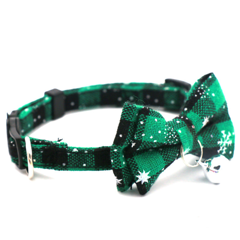 Green and black buffalo check Christmas cat collar with snowflake bow tie and bell