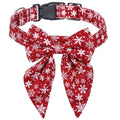 Burgundy Christmas dog collar with bow tie and white snowflake print, adjustable buckle
