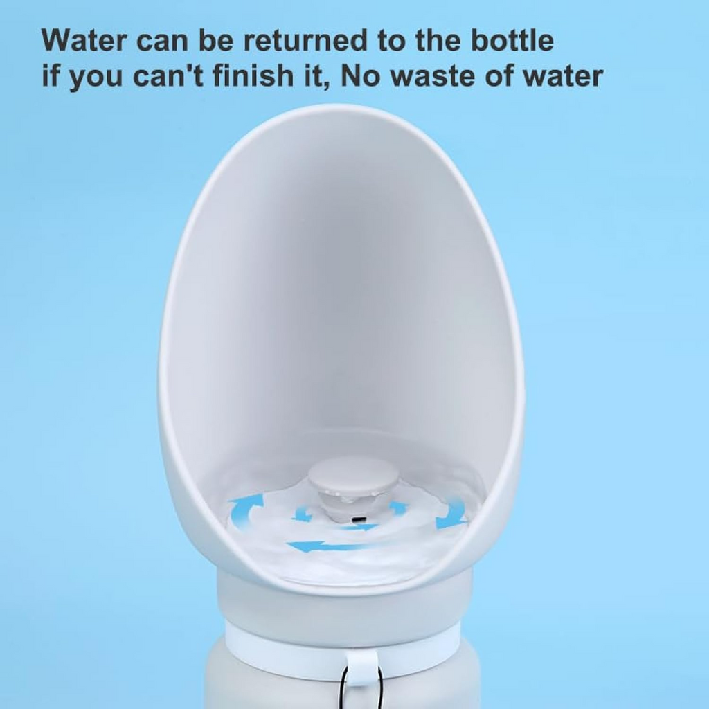 Inside of the dog water bottle bowl showing unused water returning to the bottle – TailoraStyle