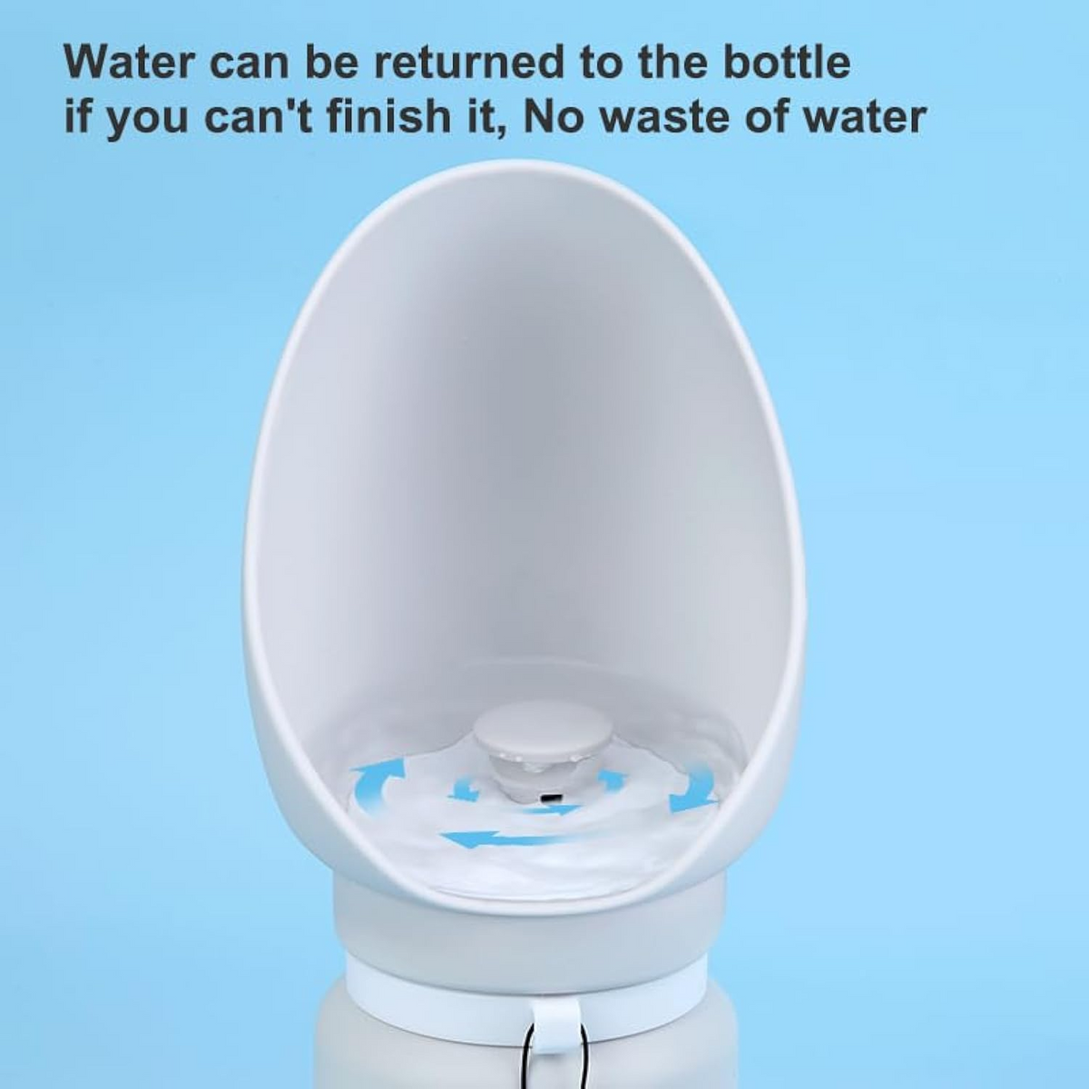 Inside of the dog water bottle bowl showing unused water returning to the bottle – TailoraStyle