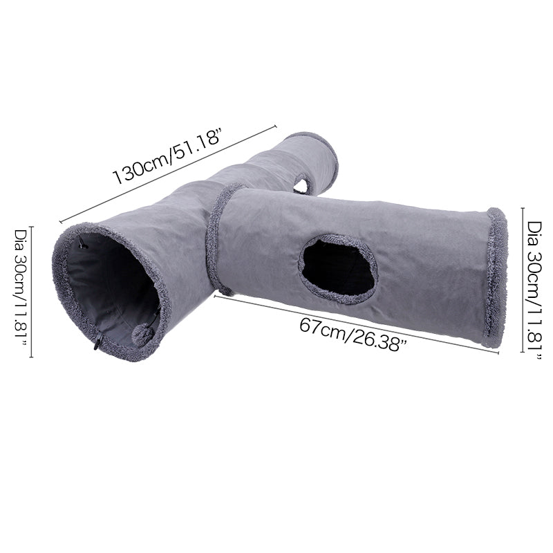 Grey suede-touch cat tunnel with two branches, 130 cm long and 30 cm diameter, size diagram