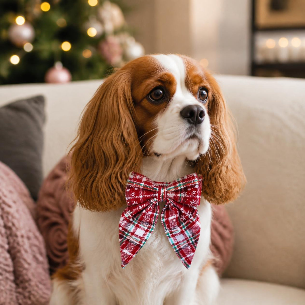 Cavalier King Charles spaniel wearing a red and white plaid snowflake Christmas bow tie dog collar