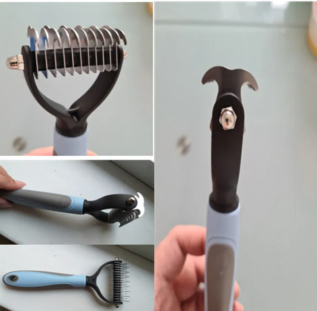 Pet grooming brush in pink and blue color options