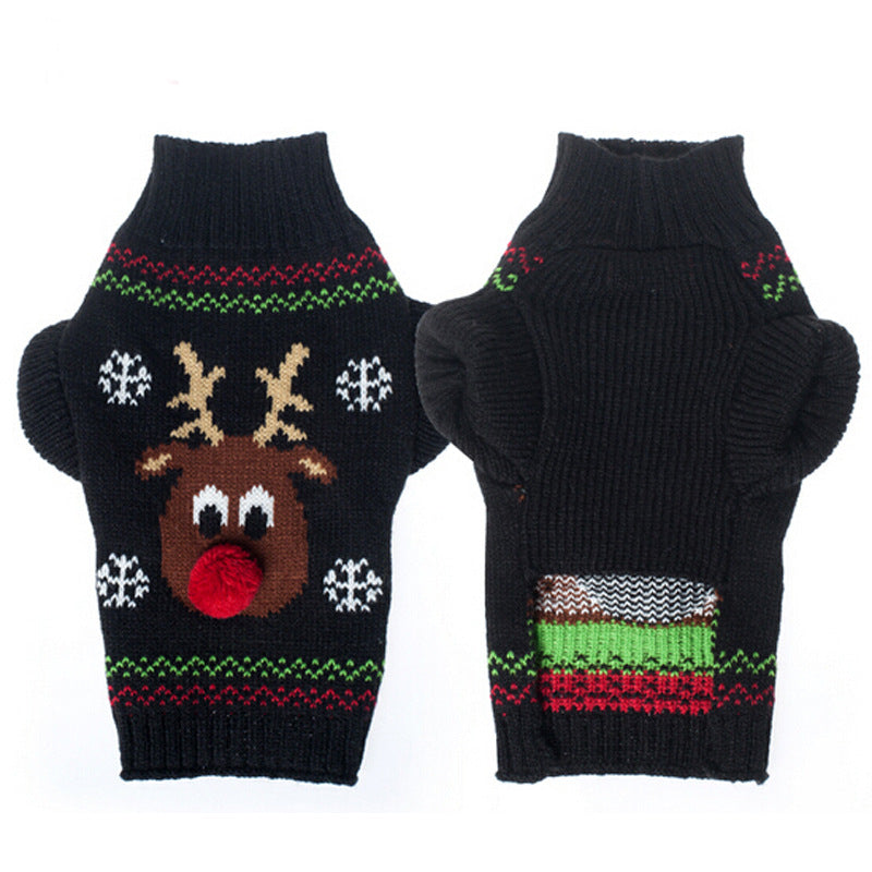 Black knitted Rudolph Christmas sweater for dogs and cats with reindeer, snowflakes and red pom-pom nose, front and back view
