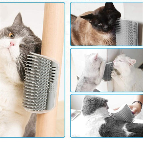 Collage of cats rubbing their cheeks on a grey cat corner self-groomer brush fixed to a wall corner