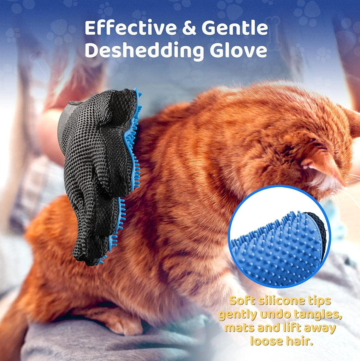 Cat being groomed with de-shedding massage glove