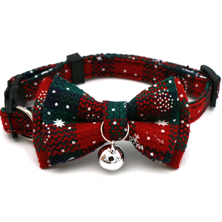 Black and red Christmas cat collar with sparkly snowflake bow tie and silver bell
