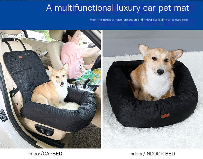 Black pet car bed with a corgi, in the car and as an indoor bed – TailoraStyle