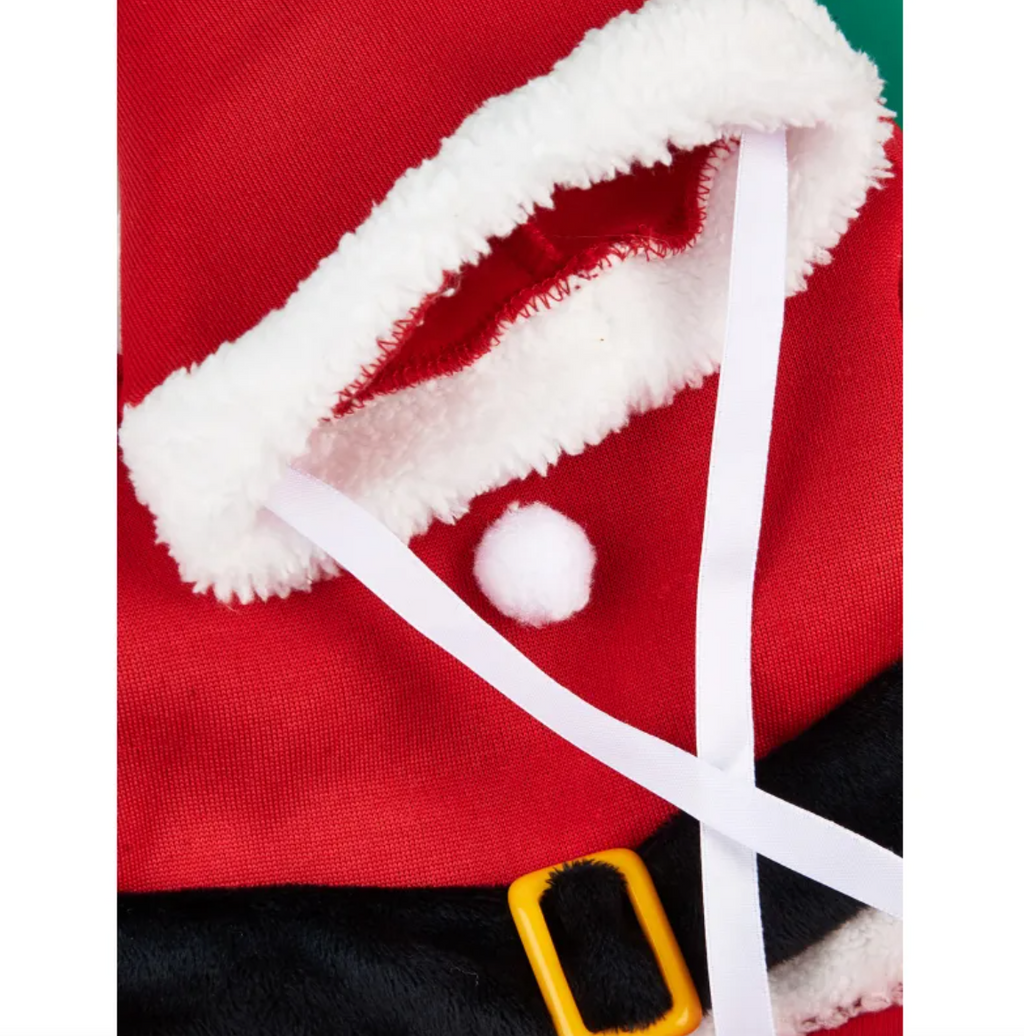 Close-up of red Santa dog costume with white fur trim, pom-pom button and gold belt buckle