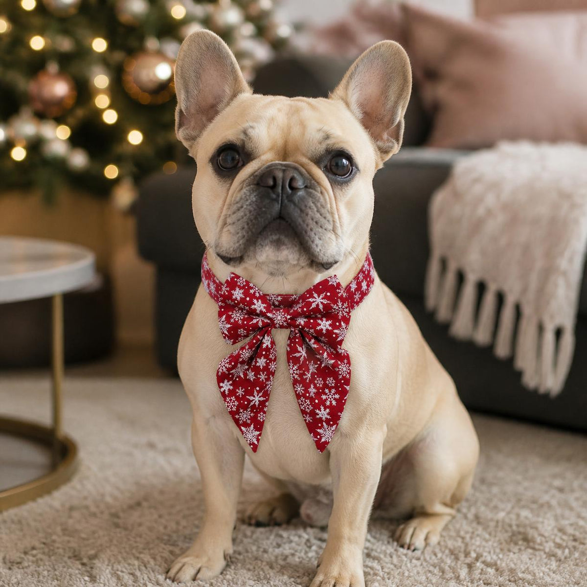French Bulldog wearing a burgundy snowflake Christmas bow tie dog collar