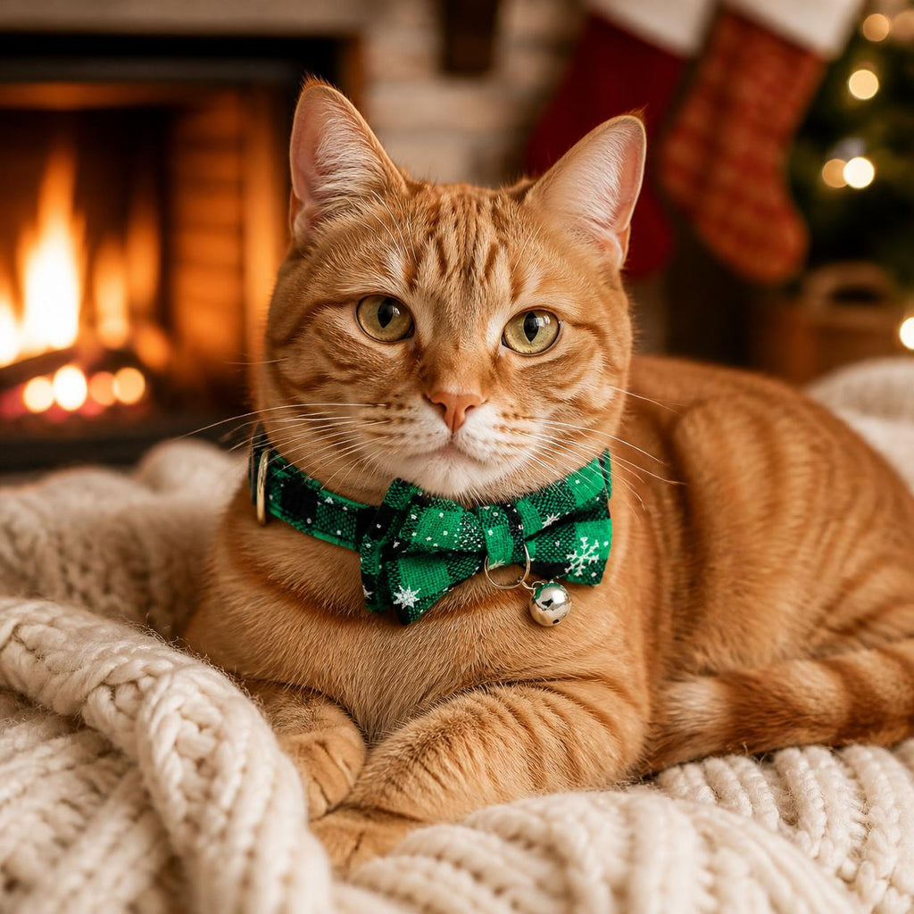 Ginger cat wearing a green and black buffalo check Christmas cat collar with bow tie and bell by a fireplace