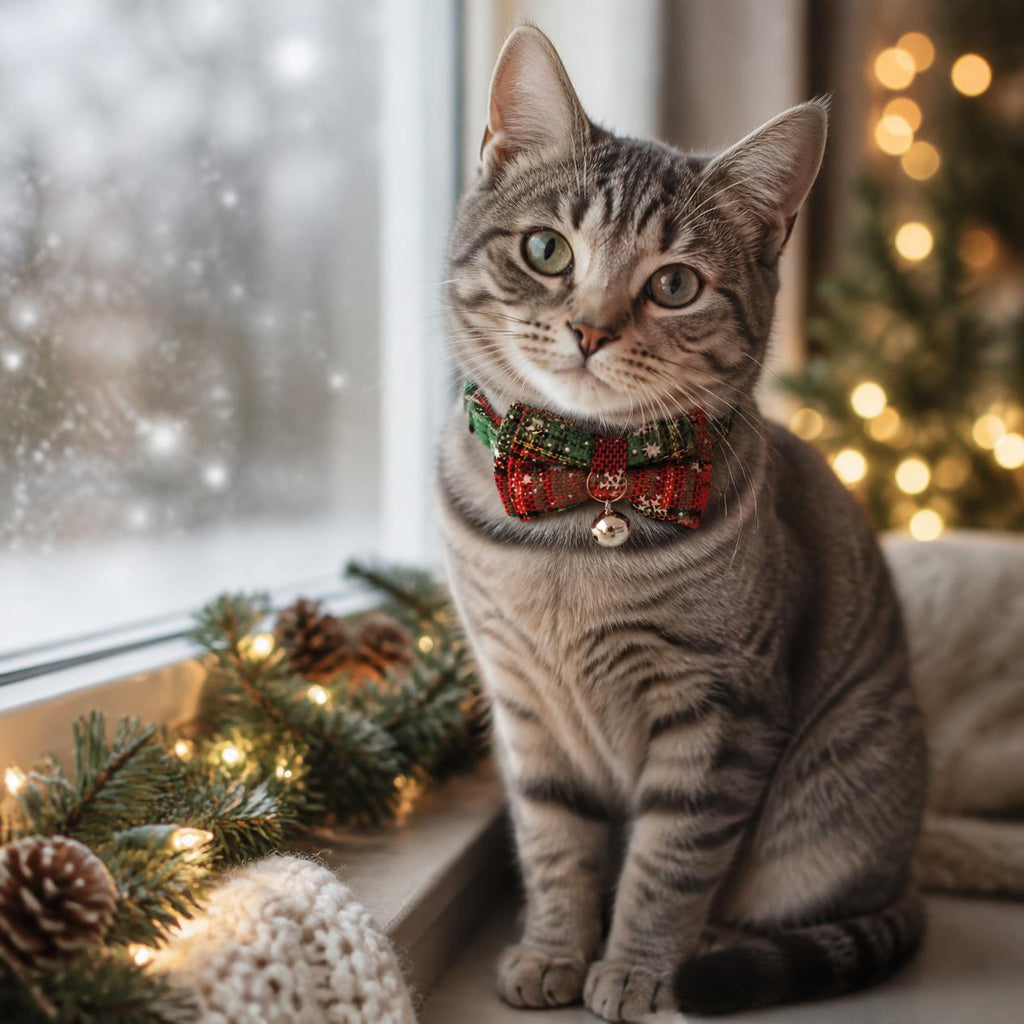 Grey tabby cat wearing a dark green and red snowflake Christmas cat collar with bow tie and bell on a snowy windowsill