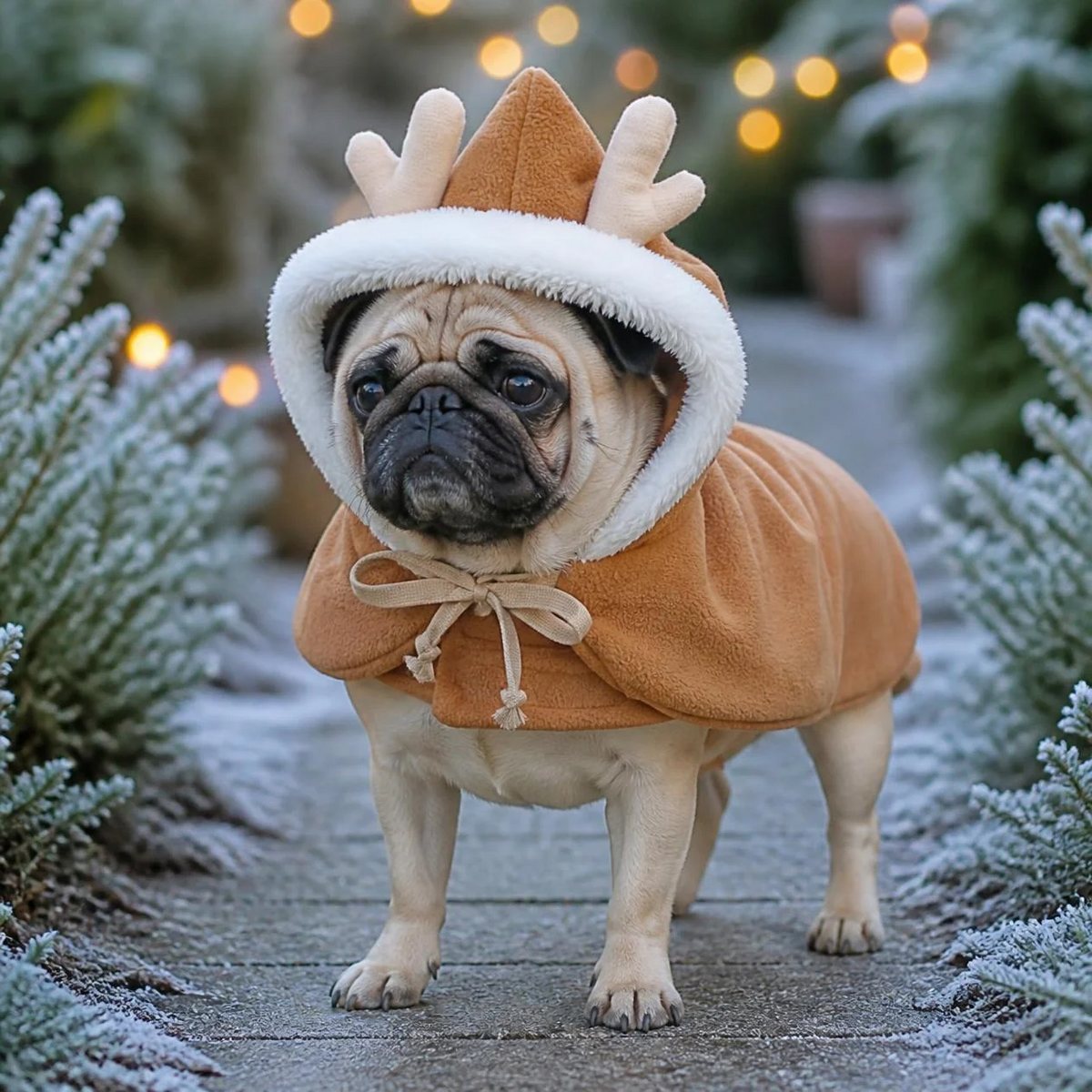 Pug wearing a brown reindeer hooded Christmas cloak with antlers on a frosty path