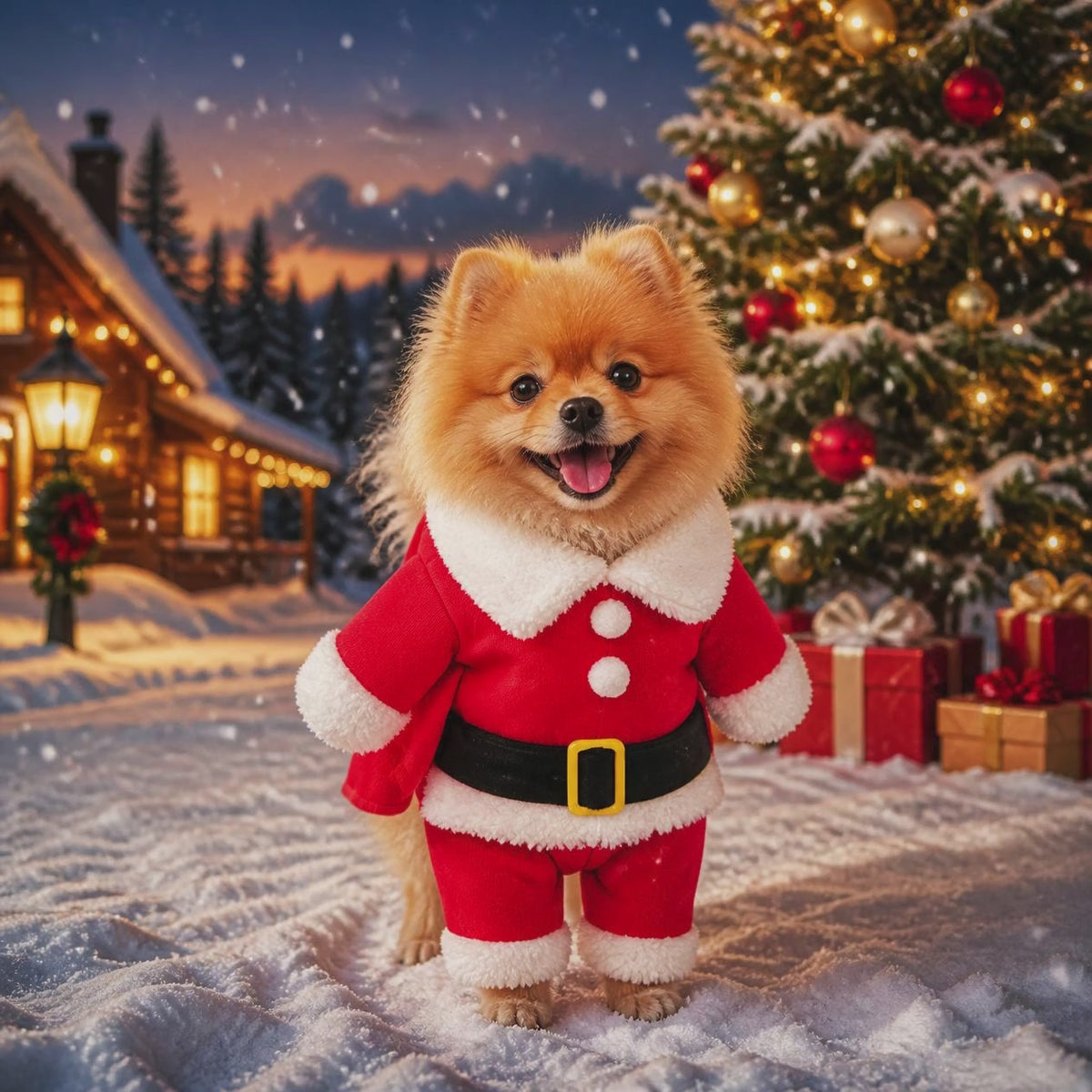 Video of a dog wearing the red Santa Claus costume with white fur trim and black belt