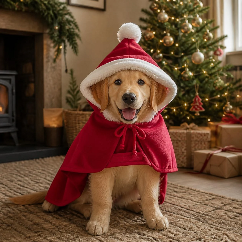 Golden retriever puppy wearing a red Santa-style hooded Christmas cloak by a Christmas tree