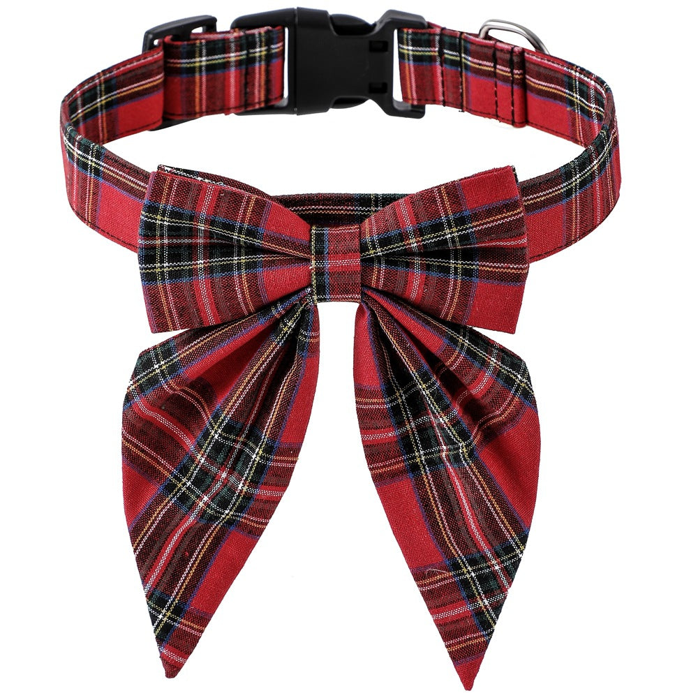 Classic red tartan plaid dog collar with large bow tie, adjustable buckle