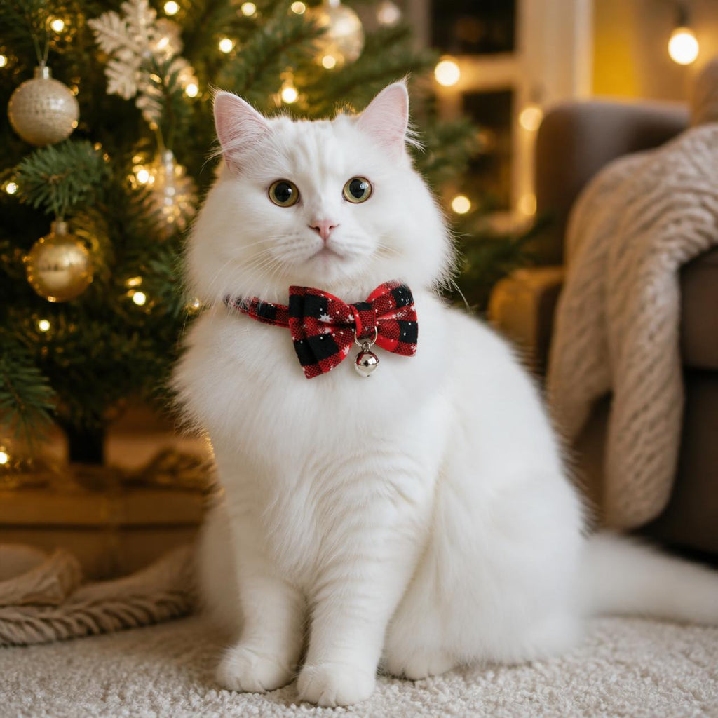 White cat wearing a red and black buffalo check Christmas cat collar with snowflake bow tie and silver bell beside a Christmas tree